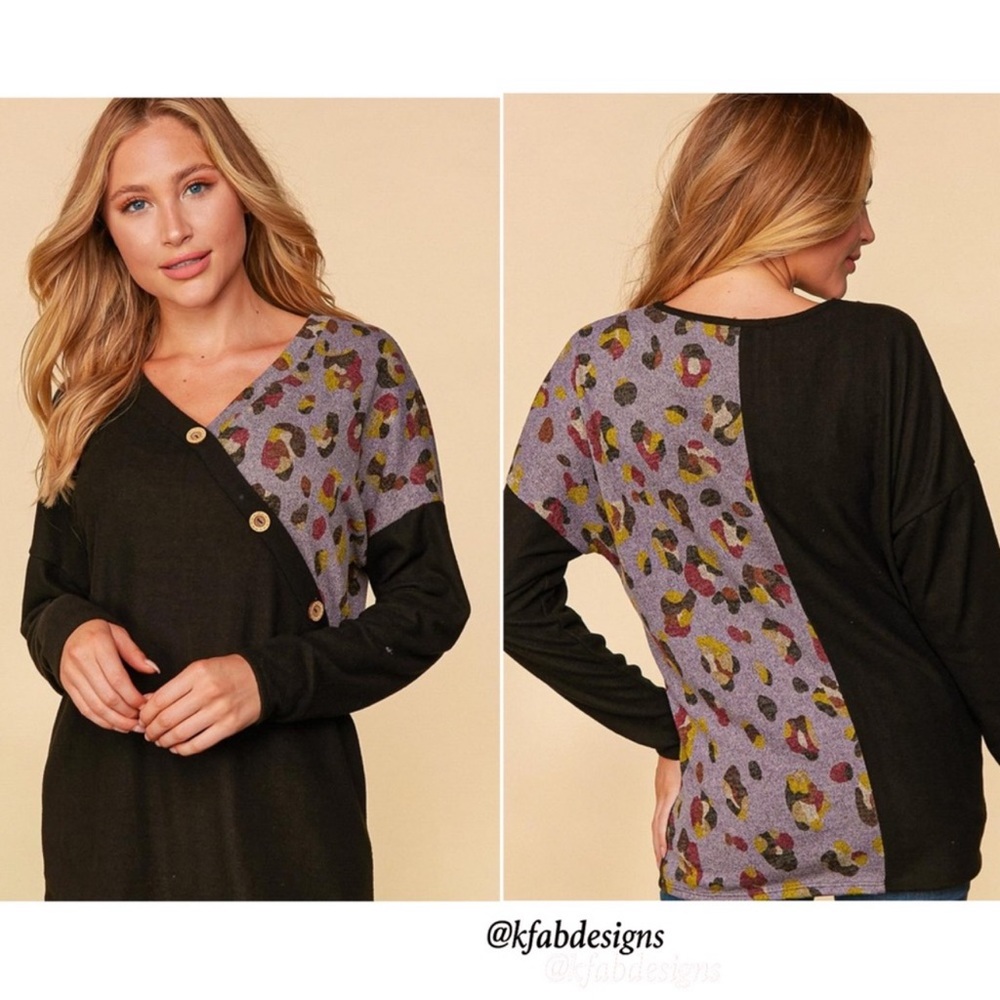 B35F🖤💜Sassy+soft color block hacci top w/lavender detsils! Office2 out class!